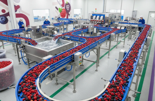 Automated food processing line inside a hygienic factory